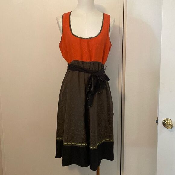 Anthropologie Moulinette Soeurs Orange & Olive Floral Imprint Colorblock Dress - Picture 3 of 14